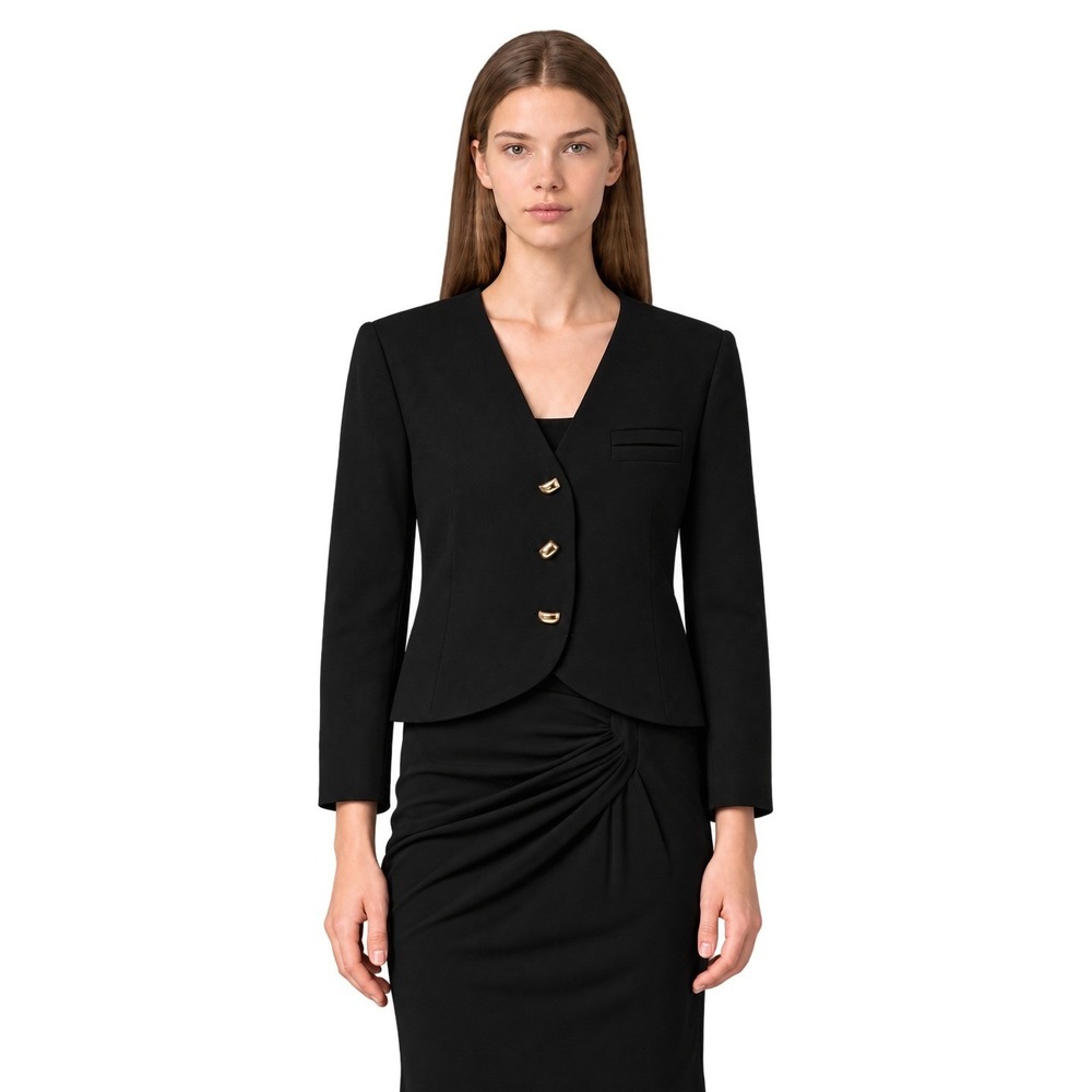 Harve Benard Blazer Womens Size 8 Black 100% Wool Collarless Gold Button Cropped